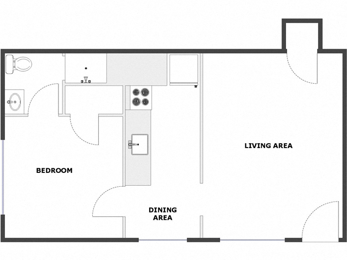 Floor plan for 1 bed, 1 bath, 460 sqft